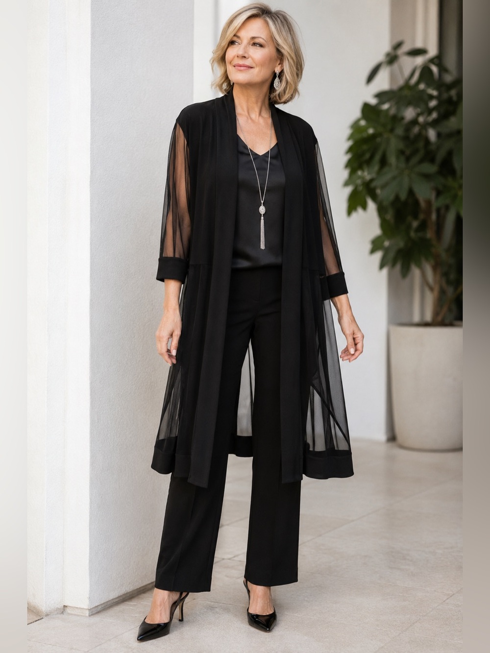 Joseph Ribkoff Black Mesh Open Front Duster Cardigan Cover Up 10 M/L